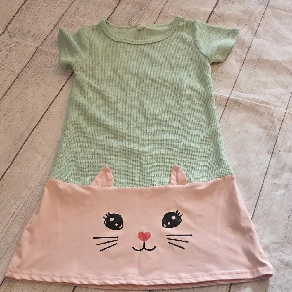 SHEIN Green and Pink Cat Face Casual Dress